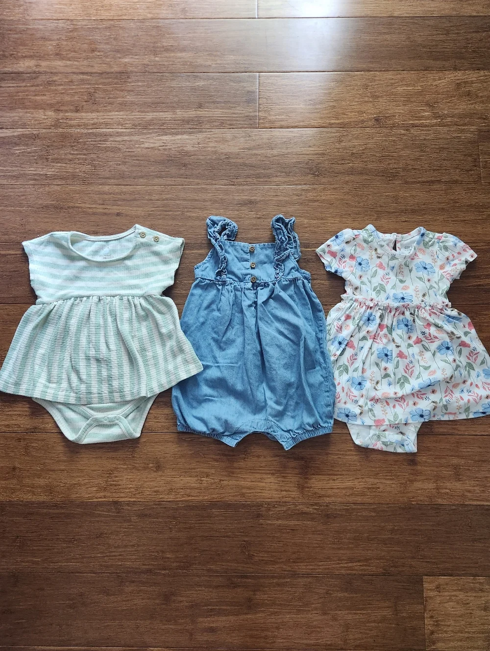 Set Of 3 Baby Girl Summer Outfits- 2 Dresses And 1 Shorts Romper, 6-9 Months